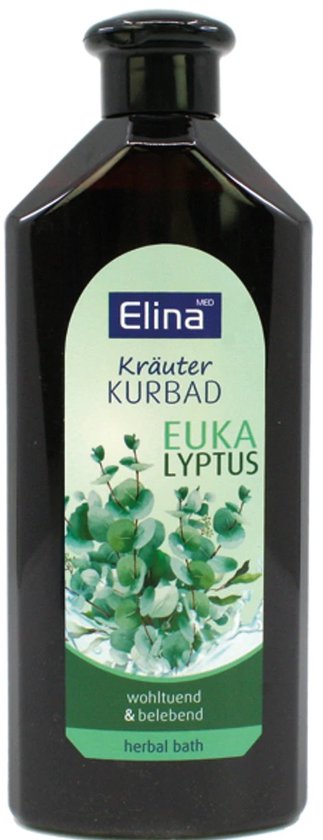 Zwarte fles Elina Eucalyptus Kruidenbad met label van eucalyptusbladeren en tekst.