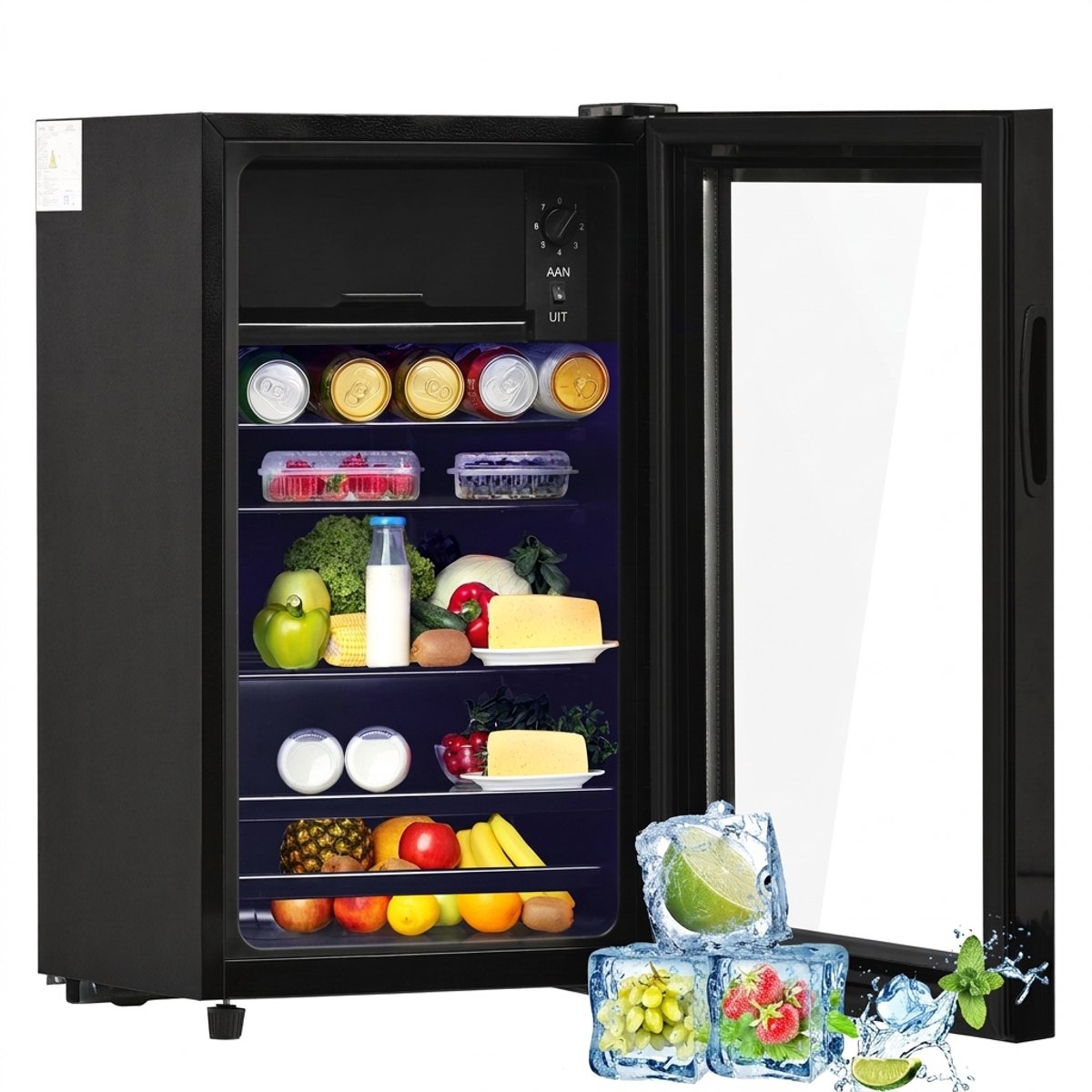 Rolipo Mini koelkast-76L capaciteit met glazen deur-vrijstaande koelkast-energiezuinig en stil, drankenkoelkast met vriesvak voor slaapkamer, kantoor en woonkamer