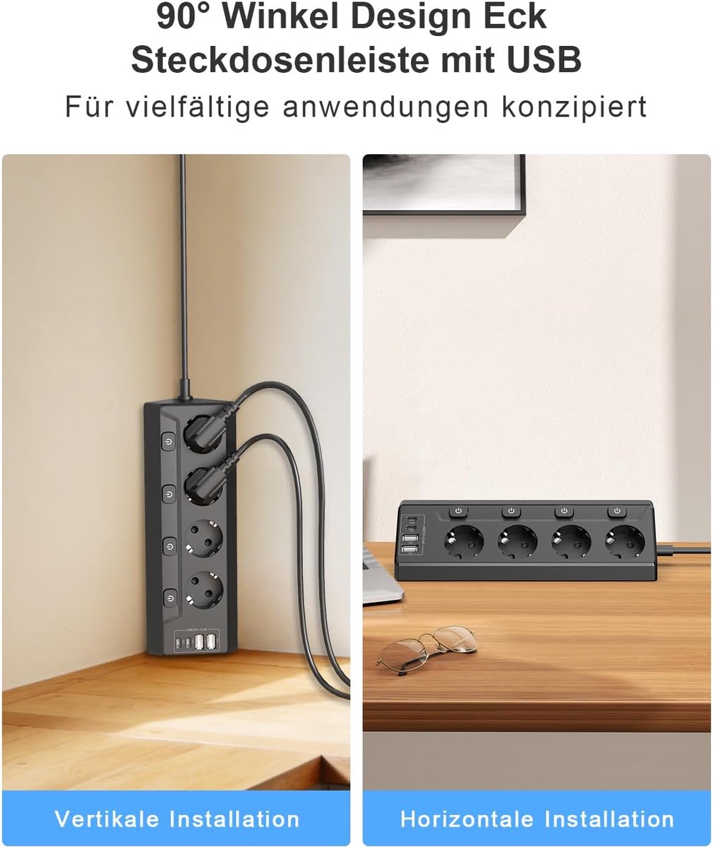 Thijox - Hoekstopcontactblok met 4 USB (2 USB-C) + 4 Aansluitingen, Individueel Schakelbaar, Kinderbeveiliging, 3680W, 2m Verlengesnoer voor Keuken, K