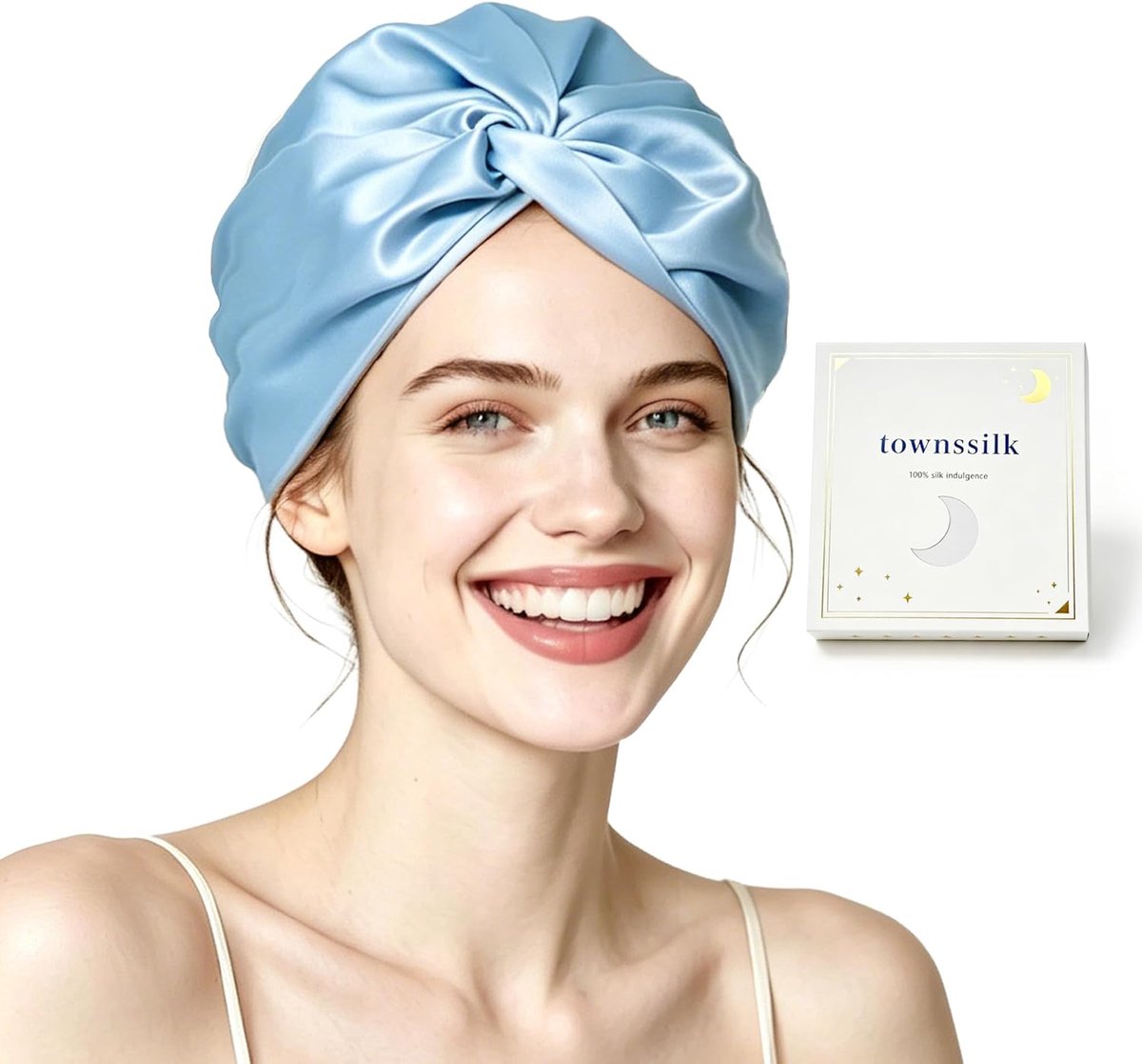 Thijox - 100% Moerbeizijde Nachtmuts Dames, 16 Momme Slaapmuts, Zijden Douchemuts, Beschermt Haar, Dubbellaags, IJsblauw voor Slaap en Wellness