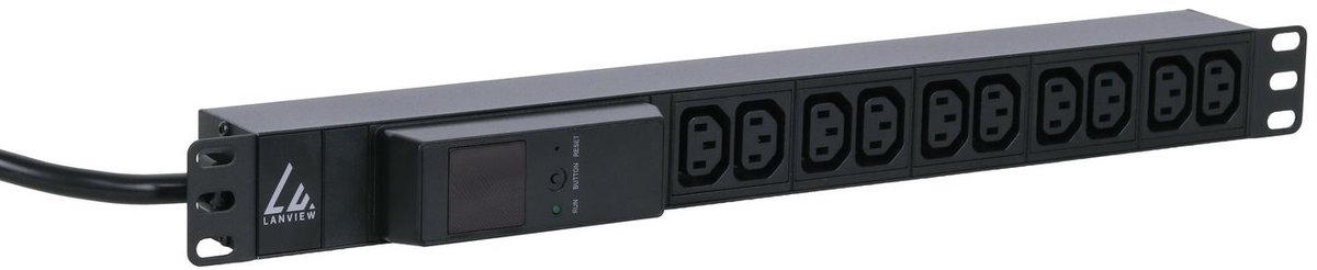 19" rackmount stekkerdoos, 3m, 16A met 10 x C13 stopcontacten en AMP-meter