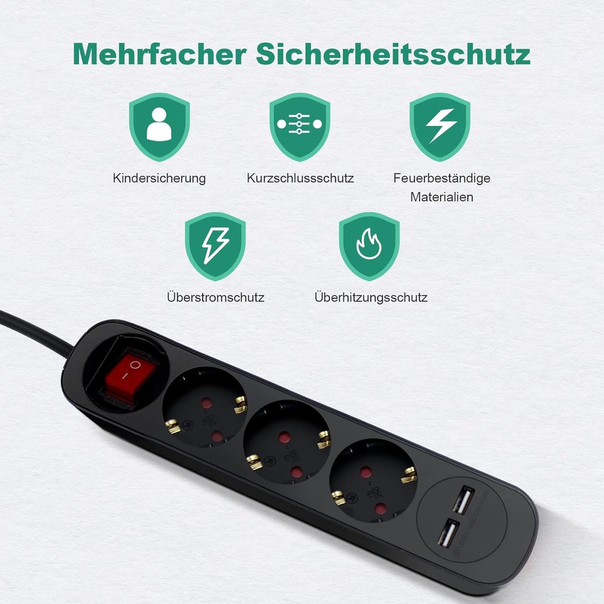 Thijox - Meervoudige Stekkerdoos met USB, 3-voudig Stopcontact, Verlengkabel Zwart 5m, Ideaal voor Thuis, Kantoor en Camping