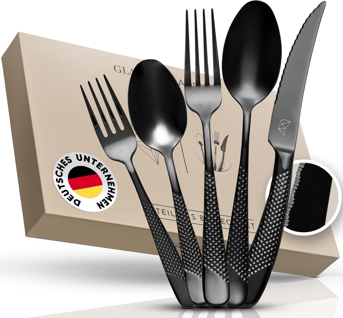 SnelShoppen - Glavory Aurora Bestekset Zwart 30-Delig voor 6 Personen - RVS 18/8 Staal - Luxe Verpakking - Vaatwasserbestendig - 2-in-1 Steakmessen