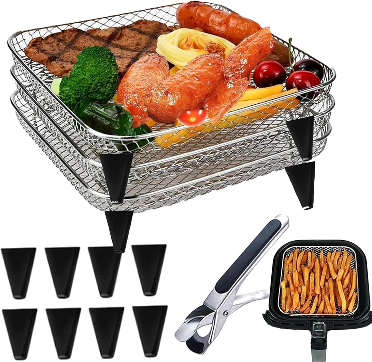Thijox Frituurmanden voor Heteluchtfriteuse Stapelbare RVS Manden KZXCVS Airfryer Rooster Grillrooster 3er Set voor Keuken en BBQ 21x21x9cm