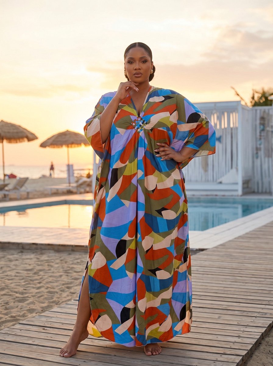 Boho rayon kaftan jurk - Olijfgroen Lichtblauw Boho Mosaic - Strand Cover Up Caftan Maxi Jurk