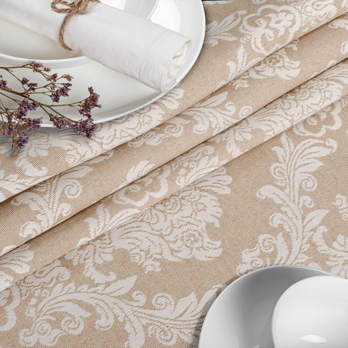ANRO Tafelkleed Barok ornament Beige Ovaal 180x140cm Rechte rand Afwasbaar Waterafstotend