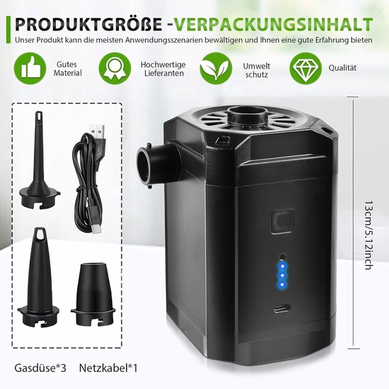 Elektrische Luchtpomp Accu 5200mAh Draadloos Mini Pomp met 3 Opzetstukken voor Luchtbed, Zwembad, Boot en Opblaasbare Artikelen — afbeelding 3