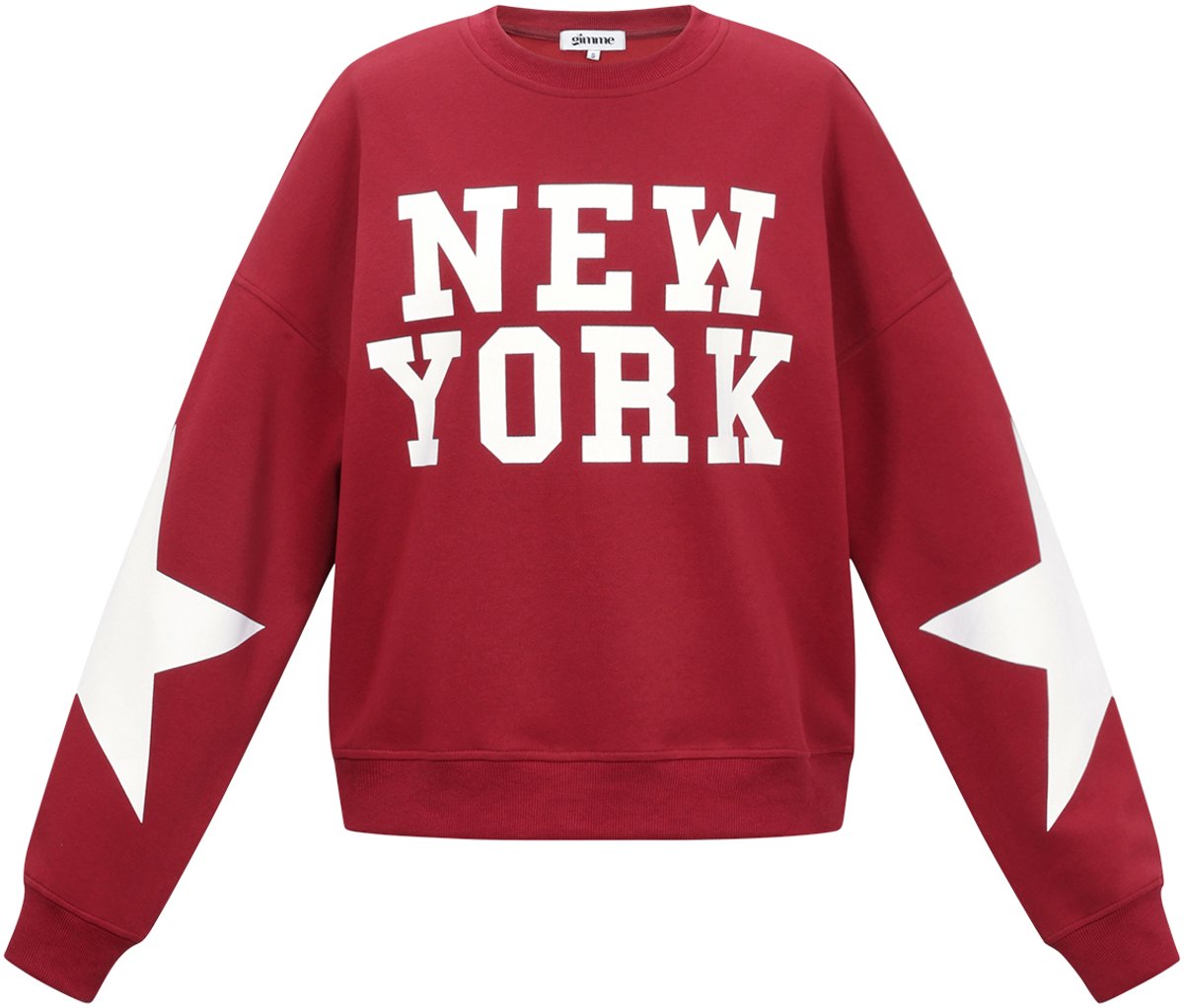 Comfortabele Gebreide Katoenen Dames Longsleeve met 'NEW YORK' Print - Wijnrood - Maat M