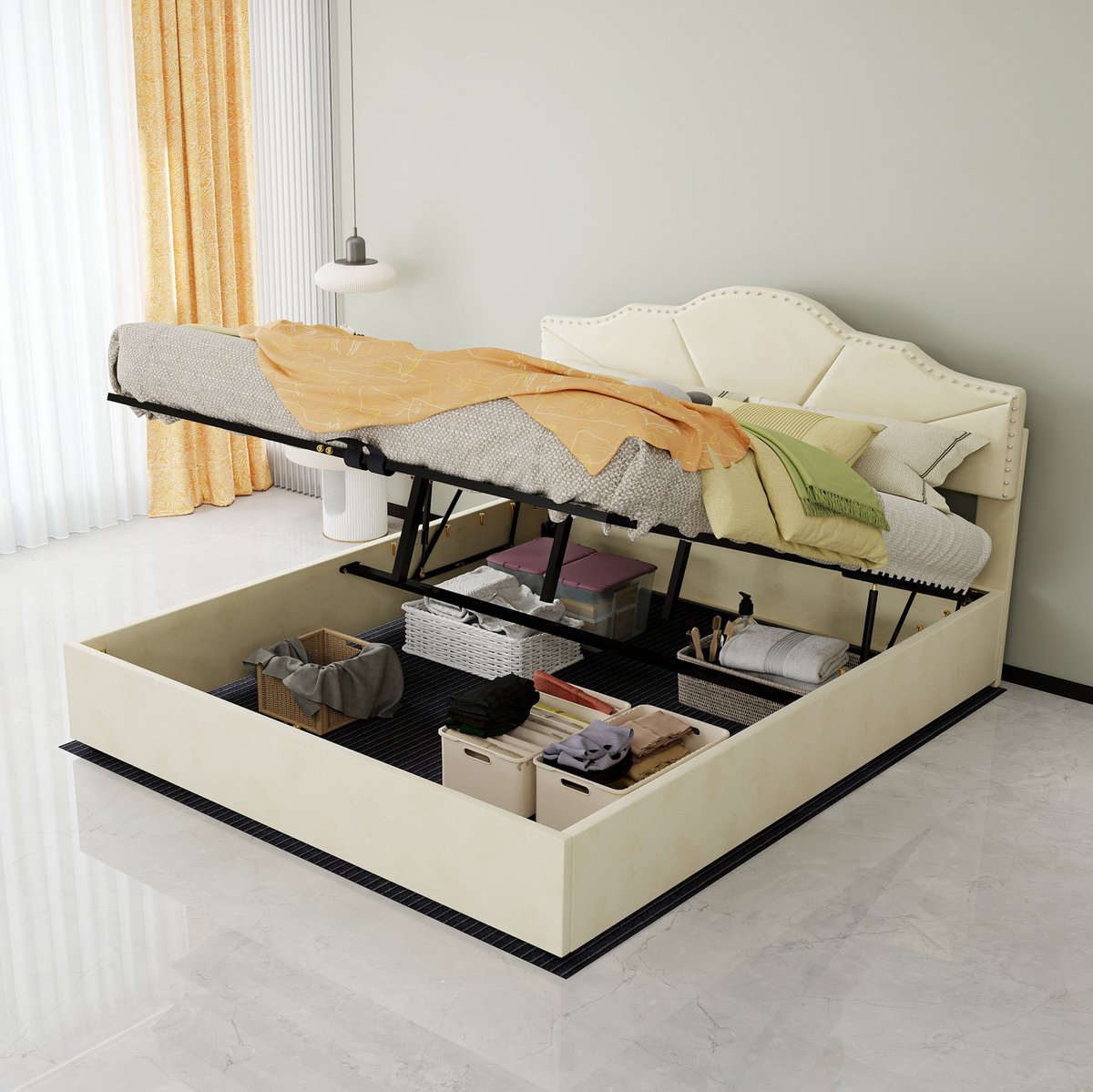 OKWISH Bed 160x200 cm - Tweepersoonsbed Met Hydraulisch Hefmechanisme - Met Opbergruimte - Zachte Stoffen Bekleding - Zonder Matras - Beige