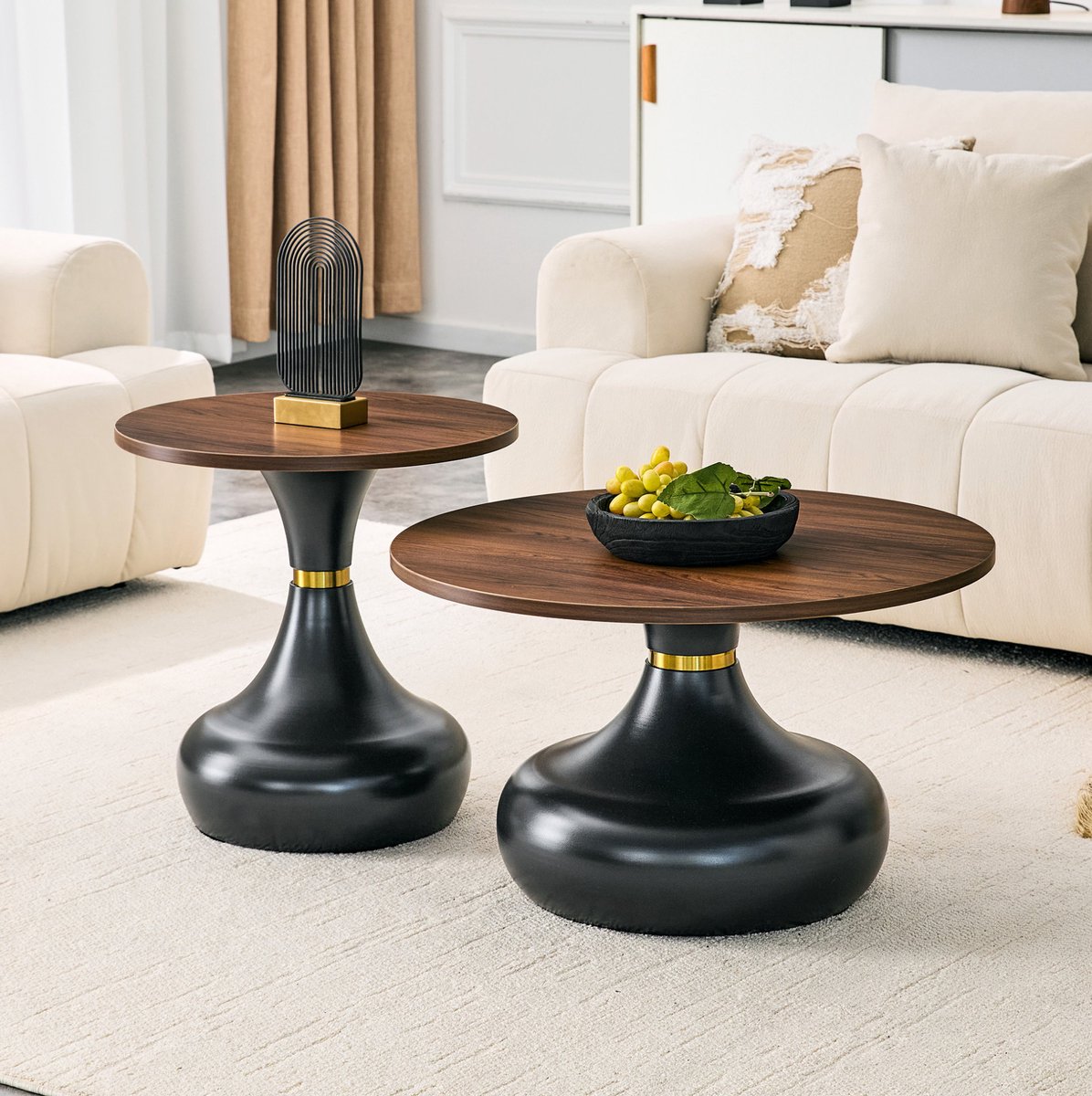 OKWISH Salontafel Set Van 2 - Ronde Nesttafels Met Walnootlook Blad - Voor Woonkamer Slaapkamer Of Kantoor - Metaal Zwart - 70 x 70 x 51,5 cm
