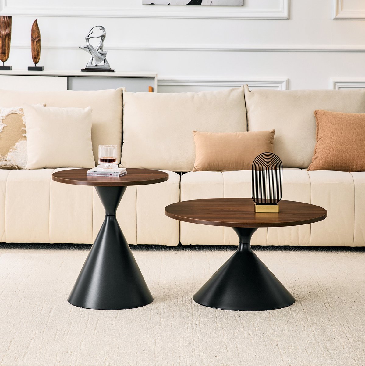 OKWISH Salontafel - 2-Delige Ronde Nestbare Tafelset - Walnootlook En Zwart Metaal - Ruimtebesparend Voor Woonkamer Of Slaapkamer - 70 cm