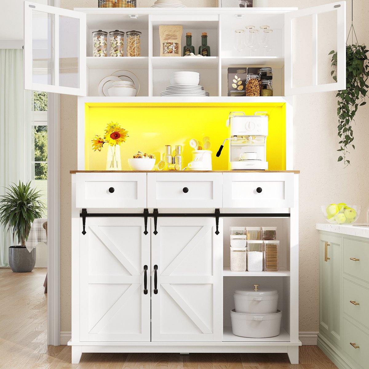 COVREO Keukenkast 105 x 38,4 x 180 cm - met LED-verlichting, glasdeuren en verstelbare planken
