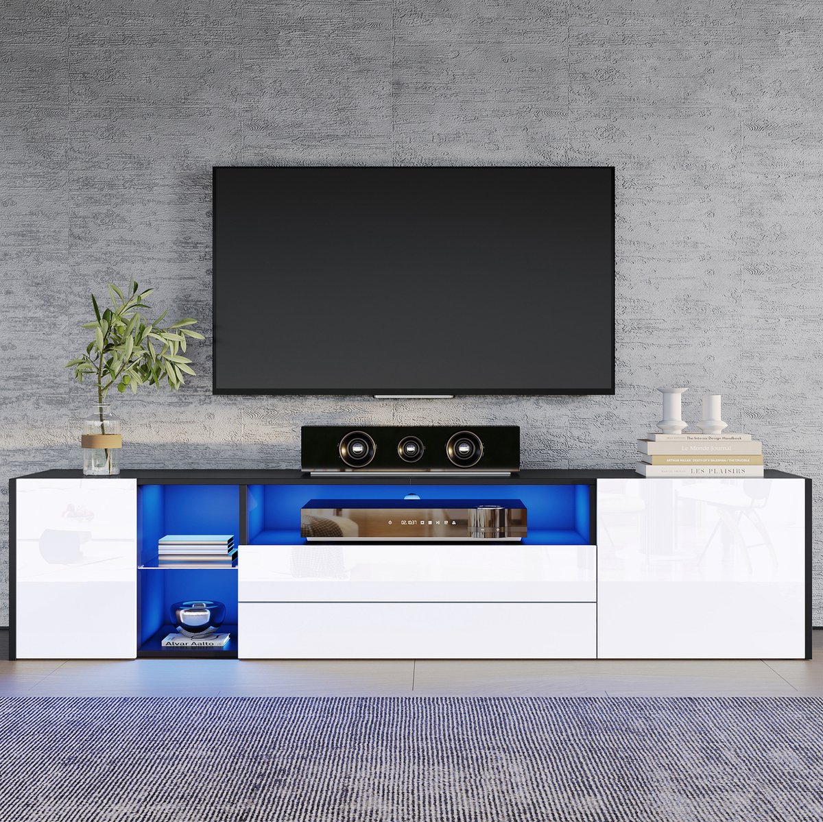 COVREO TV meubel 180 x 40 x 45 cm - 2 lades, 2 kasten, LED, zwart wit