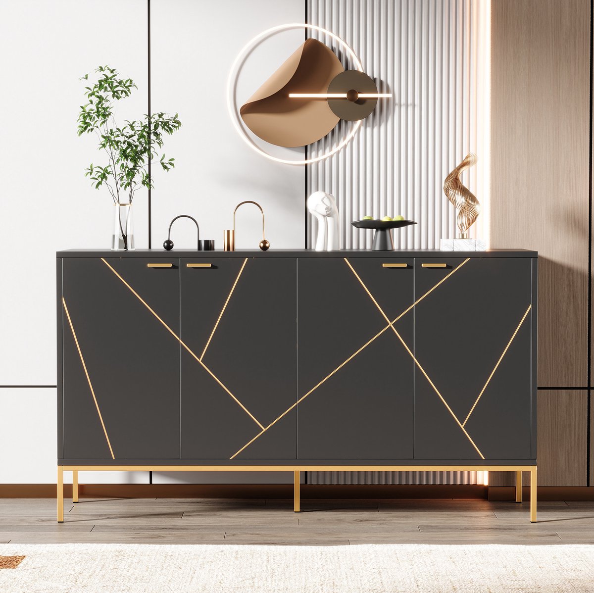 COVREO Dressoir 150 x 40 x 80 cm - vier deuren, verstelbare planken, zwart en goud