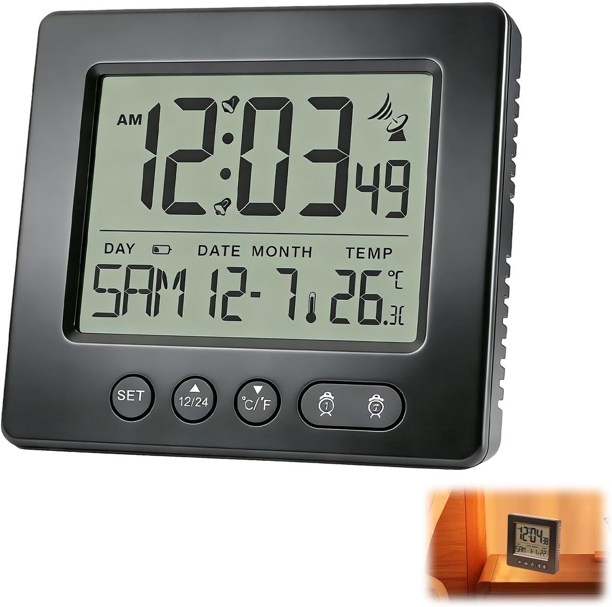 Thijox - Digitale Wekker met 2 Alarmen, Radiogestuurde Klok, Groot Display met Tijd, Datum, Temperatuur en Luchtvochtigheid, 5 Minuten Herhaling, Idea