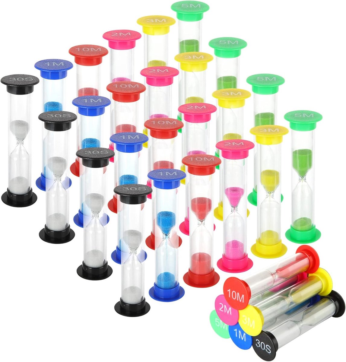 SnelShoppen - 36 Uurglazen Tijdmeters in 6 Kleuren - Plastic & Glas - 30 Sec, 1 Min, 2 Min, 3 Min, 5 Min, 10 Min - Perfect voor Keuken, Spellen en Wer