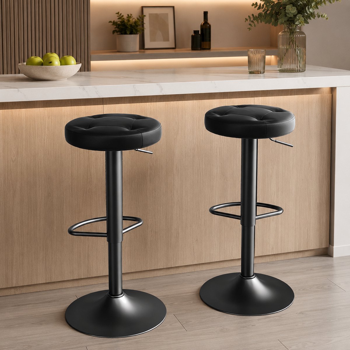 Signature Home Barkrukken Set van 2 – Draaibare Barstoelen 360° – In Hoogte Verstelbaar – PU Lederen Zitting – Barkruk met Voetensteun – Keuken, Kookeiland, Bar, Restaurant – Zwart