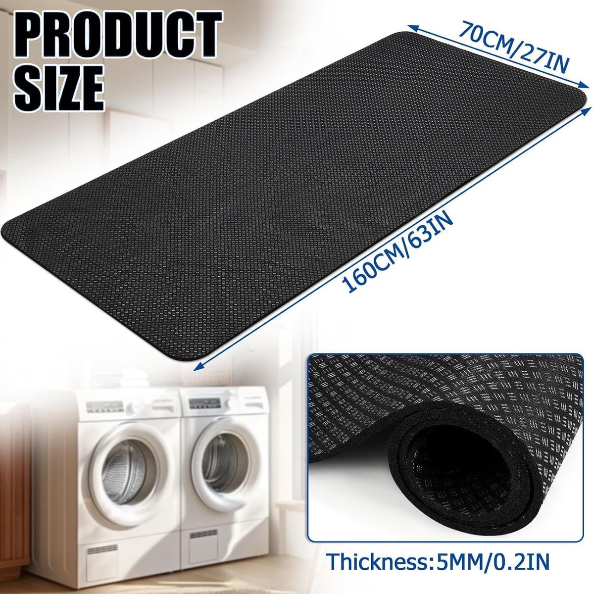 Antitrillingsmat 70 x 160 cm - Dubbelzijdige rubberen antislipmat voor wasmachine en droger, geluidsisolatie en waterdicht, op maat te snijden, 5 mm dik