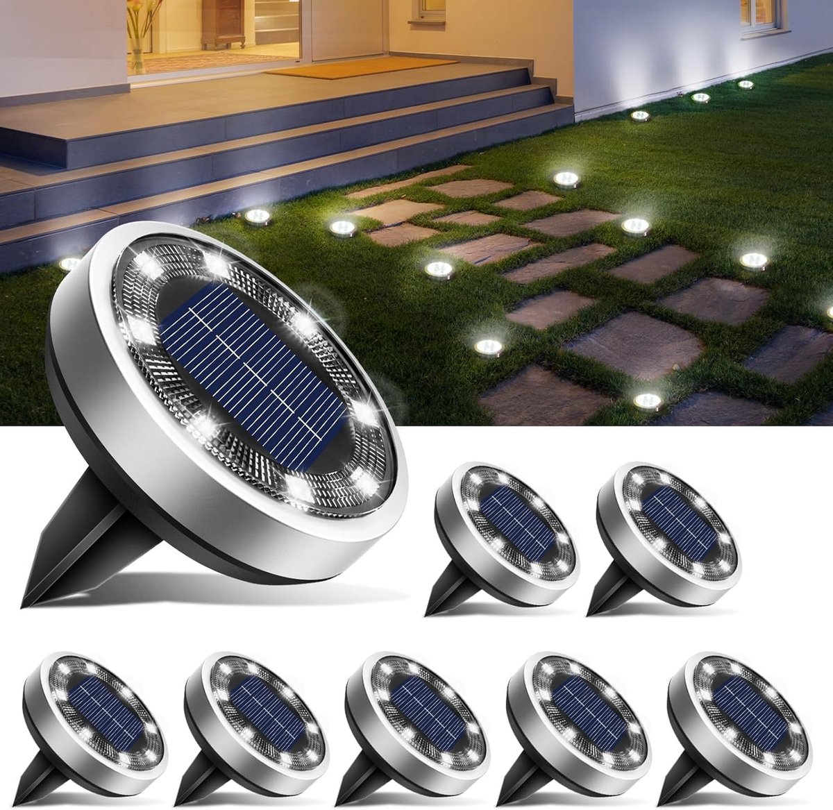 Thijox - 8 Stuks Zonnegrondverlichting Buiten met IP65 Waterbestendig Design, LED Zonnepadsverlichting, Platte Zonneschijflampen voor Tuin, Gazon, Ter