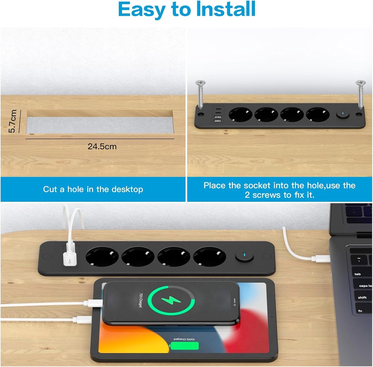 Thijox - Stekkerdoos met USB C, Intrekbaar Stopcontact voor Tafelblad, 4-voudig Meervoudig Stopcontact, 3680 W, 16 A, Ideaal voor Keuken, Tafel en Sof