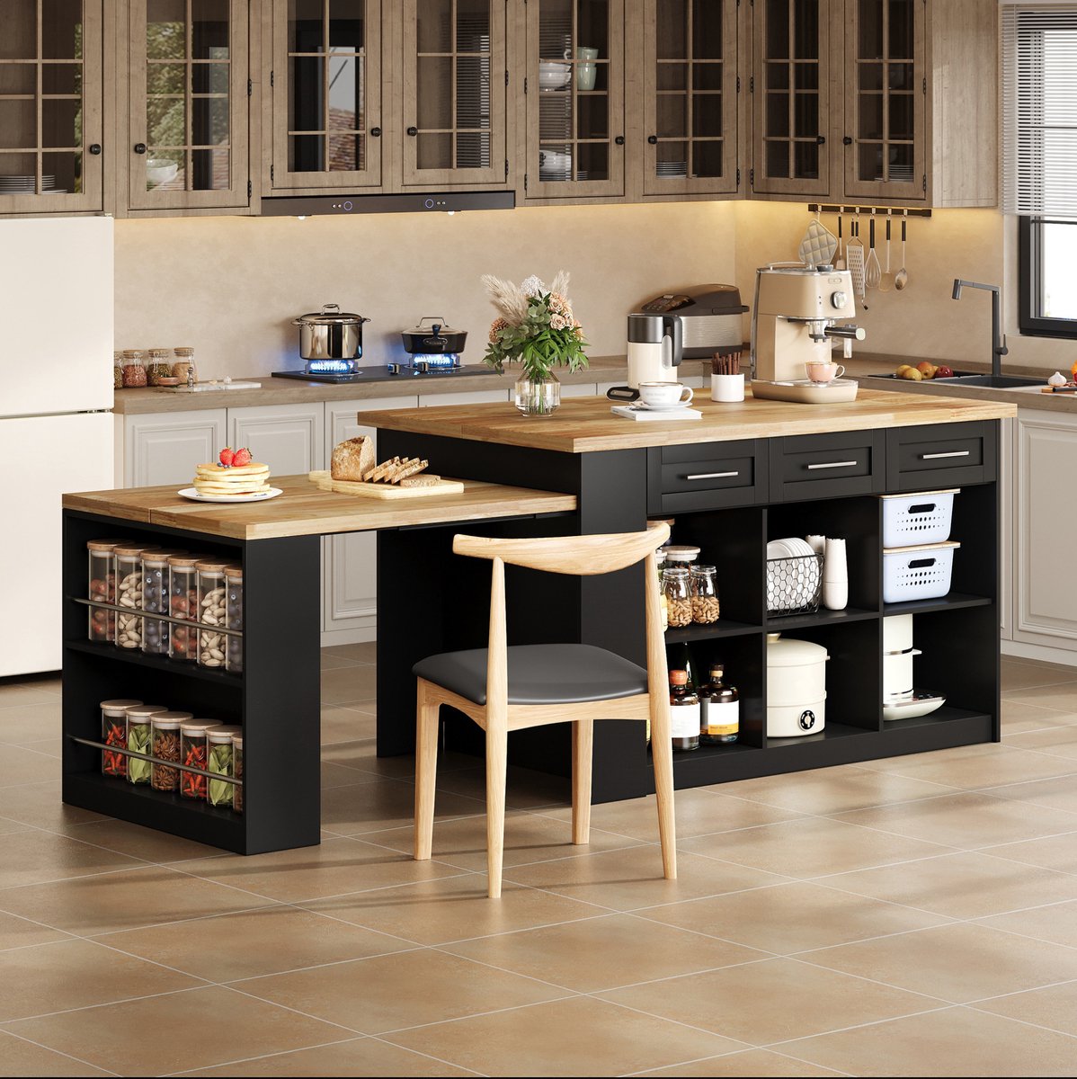 OKWISH Keukenkast - Keukeneiland Met Uitschuifbare Eettafel - 150 x 90 x 90 cm - 6 Lades En Deurkasten - MDF Naturel Zwart