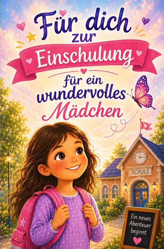 Une fille joyeuse avec un sac à dos rose regarde vers le haut sur fond d'école et de papillon. Le texte dit "Für dich zur Einschulung".