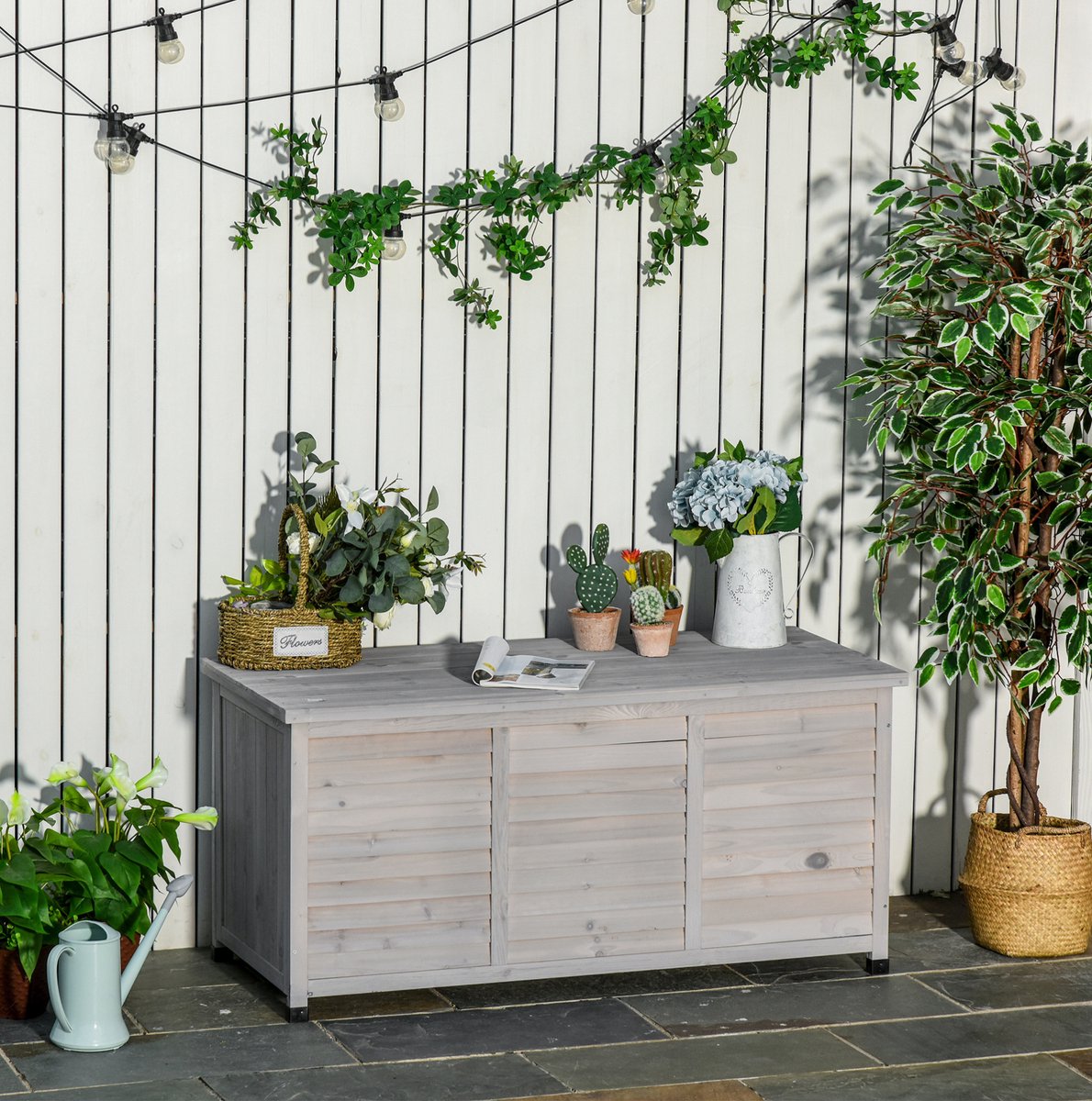 OKWISH Kussenbox - Grote Tuinopbergbox Met Opklapbaar Deksel - 127 x 56 x 60 cm - Veel Opbergruimte - Hout Lichtgrijs