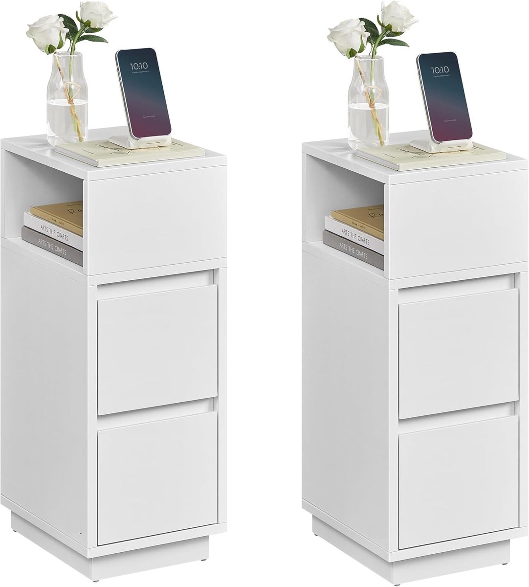Conway Living® Nachtkastje - Set van 2 Nachtkastjes - Bijzettafel - Smal - Voor Kleine Ruimtes - 3 Lades - Wit 30x65x25 cm