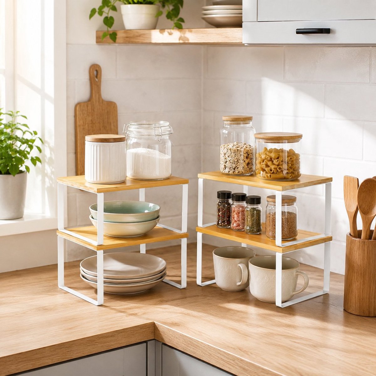 Lano&Go Keukenopberger, 4 Stapelbare en Uitbreidbare Planken, Metaal en Bamboe, Wit-Naturel - Kastorganizer voor Aanrecht of Voorraadkast
