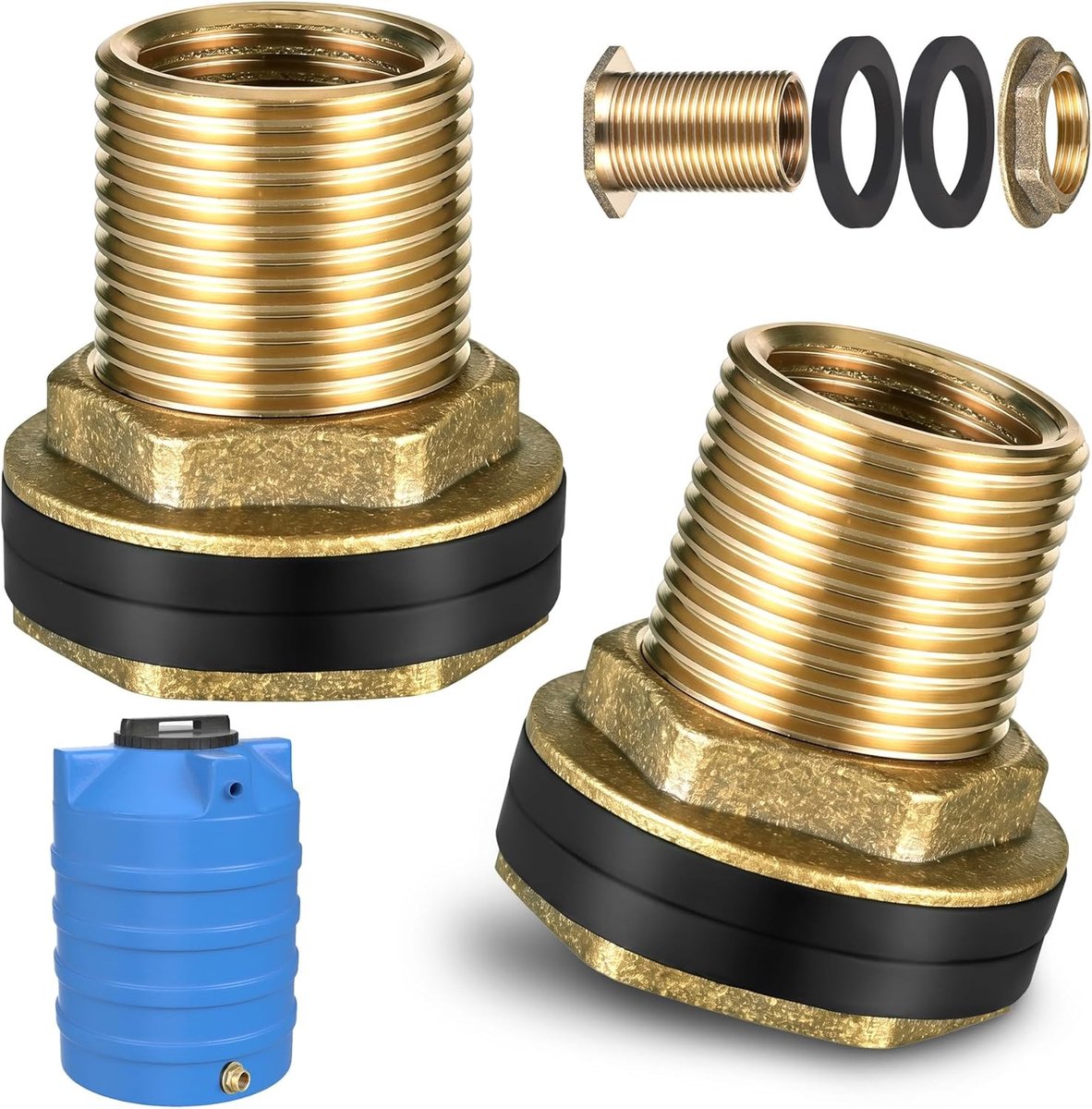 2 stuks messing schotfittingen voor regentonnen, watertankconnector met rubberen afdichtingen, dubbele schroefdraad voor watertanks en vaten, 1/2" vrouwelijk x 3/4" buitendraad, waterdicht en duurzaam