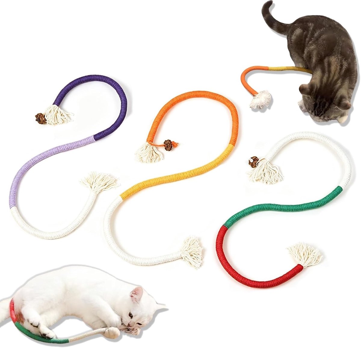 Kattenspeelgoed set van 3 in verschillende kleuren, 60 cm lang, ideaal voor spelen, tanden reinigen en stressvermindering bij katten