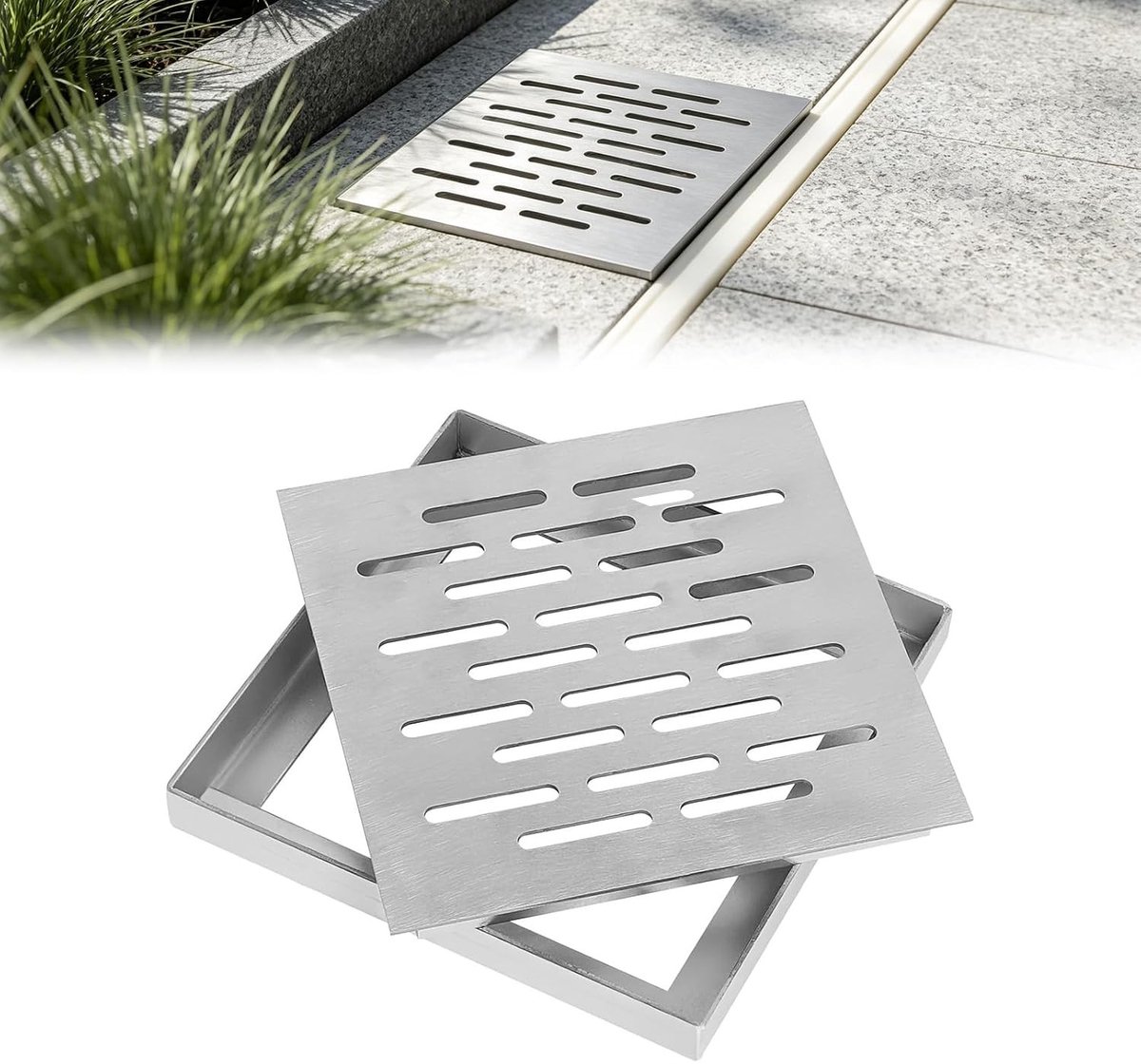 Roestvrijstalen bodemafvoer met afvoerrooster en afdekking voor keuken, badkamer en buitenruimtes, 200 x 200 x 20 mm, anti-blokkering en duurzaam ontwerp