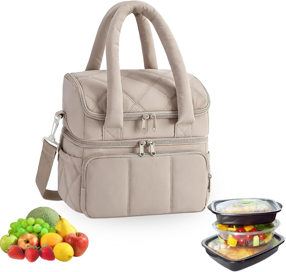 Geïsoleerde lunchtas voor dames, multifunctionele koeltas voor picknick, reizen en voedselbereiding, zachte en lekvrije tas in camel kleur