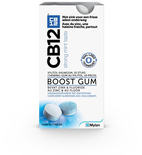 CB12 Mondverzorging Boost Kauwgom - Sterke Mintsmaak - Verfrissend en Beschermend - Xylitol Kauwgom - 3-Voudige Werking - Strong Mint - 10 stuks
