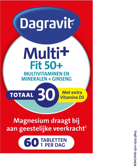 Dagrafit Multi+ Fit 50+ 60 tabletten, multivitaminen en mineralen met ginseng.