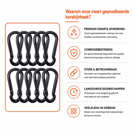 Tien zwarte geanodiseerde karabijnhaken, corrosiebestendig en duurzaam.