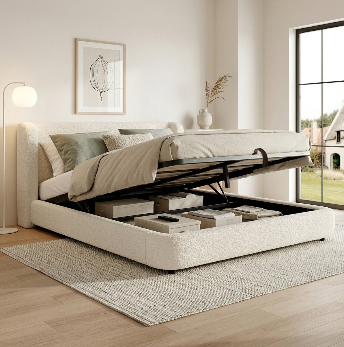 OKWISH Gestoffeerd Bed 180x200 cm - Hydraulisch Tweepersoonsbed met Lattenbodem en Opbergruimte - Boucle - Zonder Matras - Beige