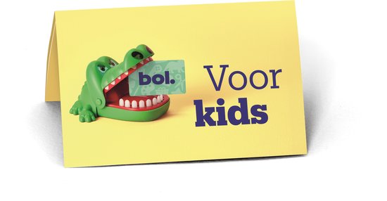 Een speelgoed krokodil die een bol.com cadeaukaart vasthoudt op een gele kaart met de tekst 'Voor kids'.