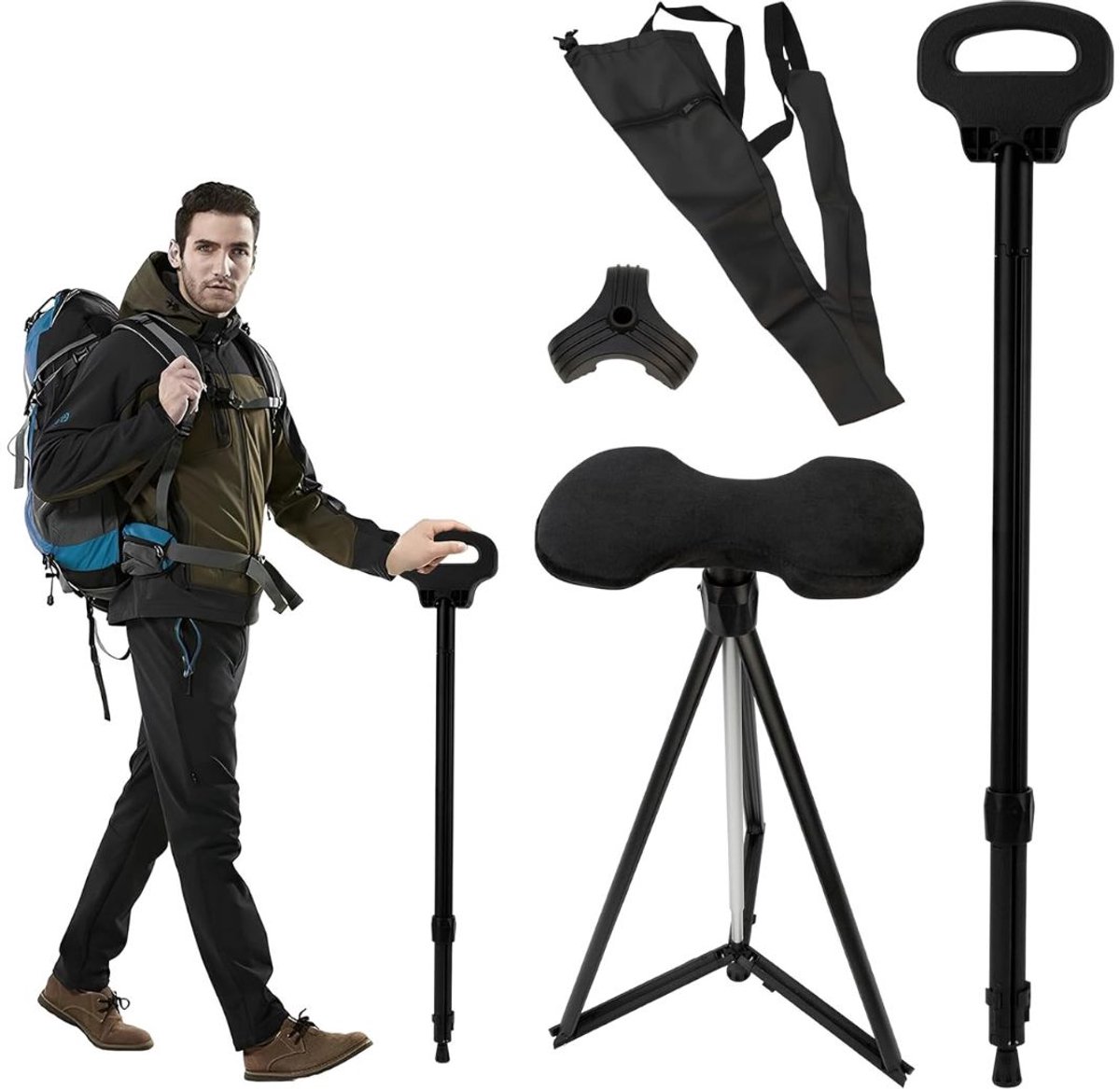 Wandelstok met Zitje - Opvouwbare Stoel - Rustmomenten Onderweg - Zwart