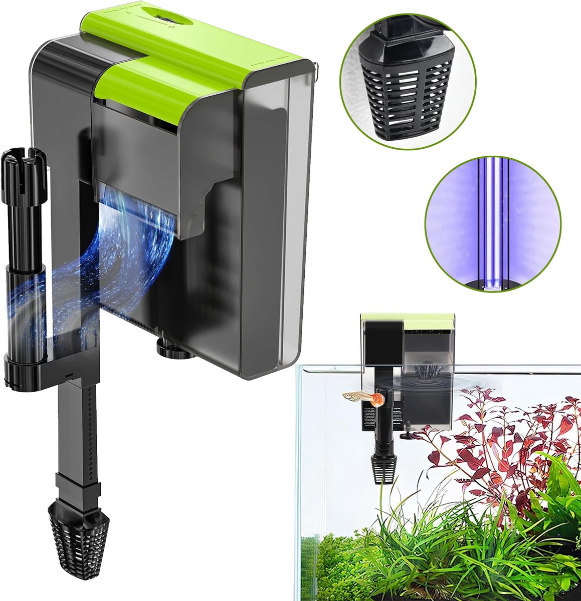 Aquariumfilter Met UV-Licht - Actieve Koolfilter Met Achterhangende Filter - Aquariumwaterfiltratie - Met 2 Verstelbare Verlengslangen