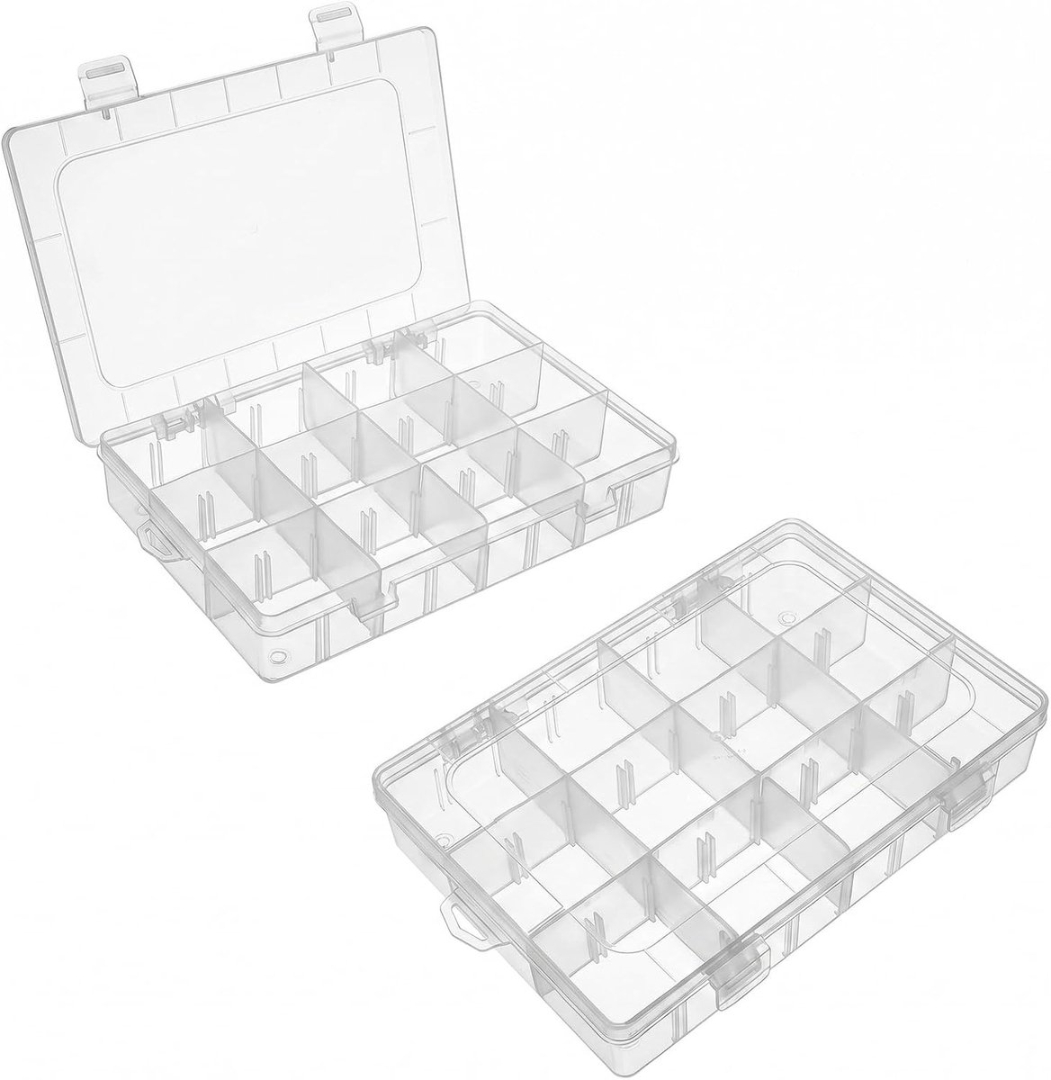 Set van 2 Sorteerdozen met 12 Rasters, Plastic, 19,5 x 13,3 x 3,5 cm, Verstelbare Scheidingen voor Kleine Onderdelen, Kralen, Ringen, Oorbellen, Knopen en Schroeven