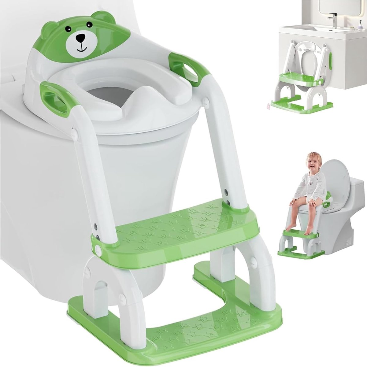 Vouwbare Toiletverkleiner voor Kinderen met Trap, Verstelbare Hoogte en Antislip Functie, Geschikt voor V-vormige en O-vormige Toiletten, Ideaal voor Zindelijkheidstraining en Reizen, Leeftijd 1-6 Jaar