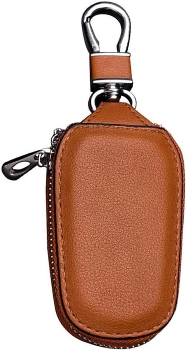 Echte Leren Autosleutel Case Sleutel Signaal Bescherming Bord met Metalen Rits Carabiner (Bruin)