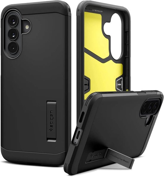 Set van zwarte Spigen telefoonhoesjes, inclusief een met cameralens en een met kickstand.