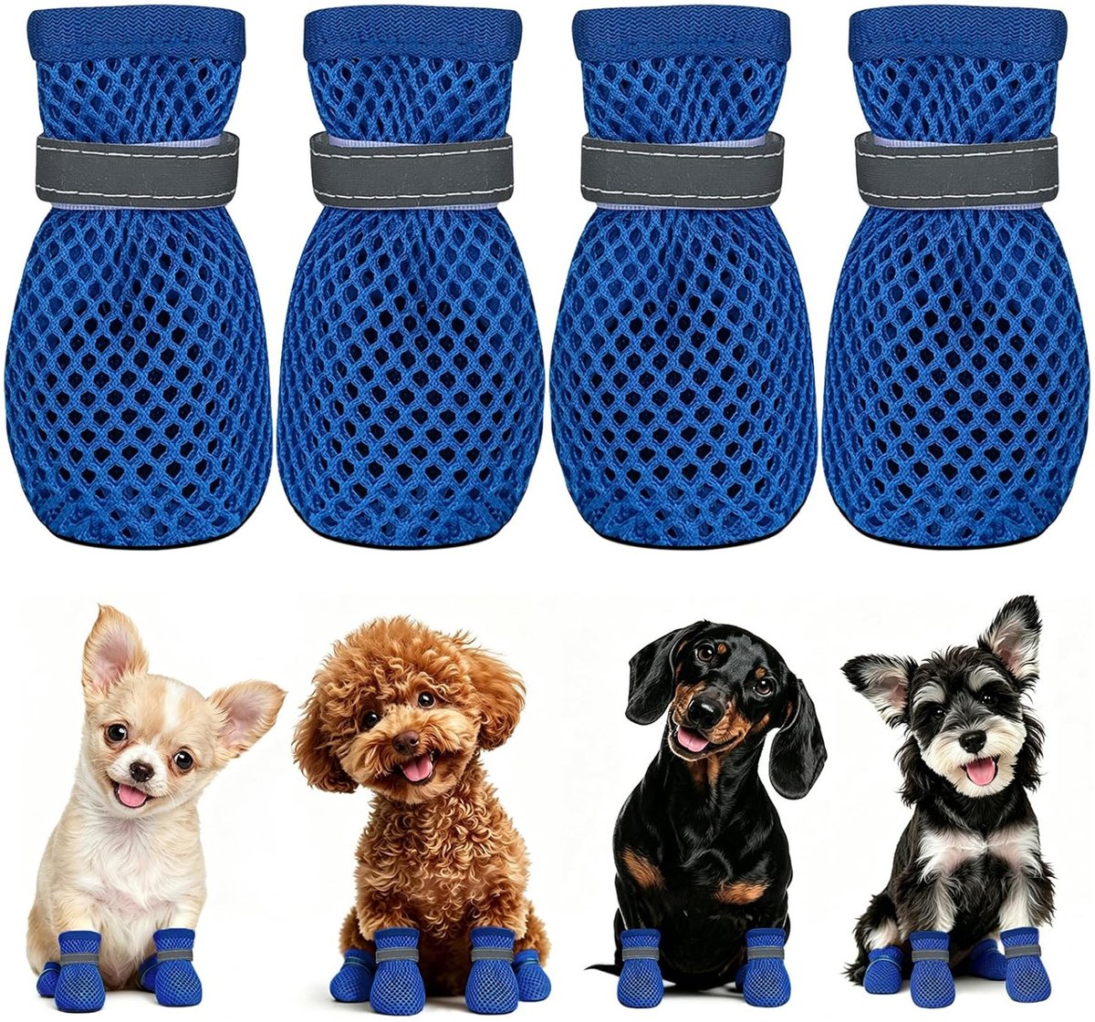 4 stuks - zomer hondenschoenen voor kleine honden - MAAT S (1.5-3 kg, binnenzool 4 cm x 3.5 cm) - lichtgewicht, ademend mesh hondenschoentjes - beschermt pootjes op hete straatjes - let op: kies niet uw gebruikelijke maat