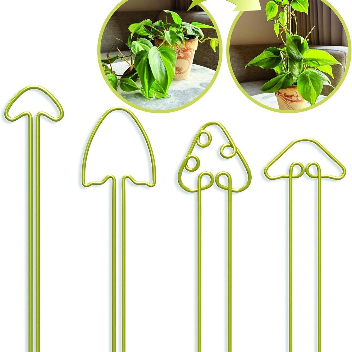4-delige set paddenstoel metalen plantsteunen in 4 verschillende ontwerpen, gecoat ijzer steunstokken voor klimplanten zoals pothos monstera, binnen en buiten te gebruiken, ondersteuning hangende bladeren potplanten