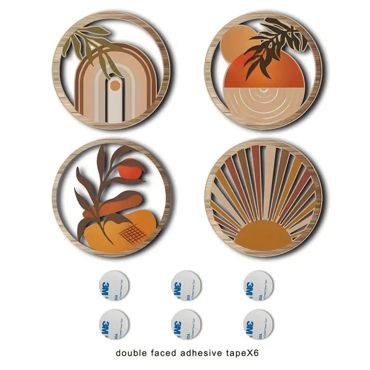 4-delige Boho stijl ronde houten wanddecoratie set, 19,5cm abstract plant regenboog zon muurornamenten, zelfklevende muurdecor voor woonkamer slaapkamer galerie muur, inclusief 6 stuks dubbelzijdig plakband