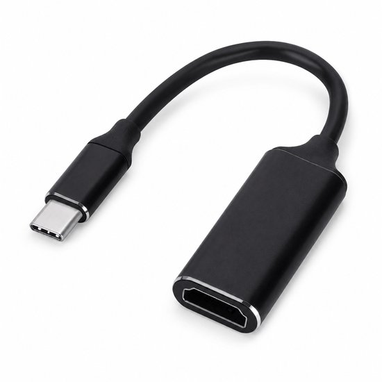 Adaptateur USB-C vers HDMI noir, avec le connecteur USB-C à gauche et le port HDMI à droite, sur fond blanc.