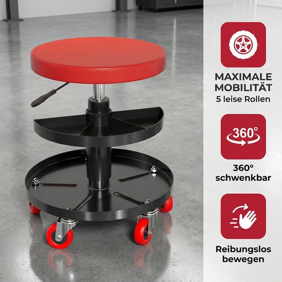 Rode werkplaatskruk met zwarte planken en rode wielen, met pictogrammen voor mobiliteit, 360 graden draaibaar en soepel bewegen.