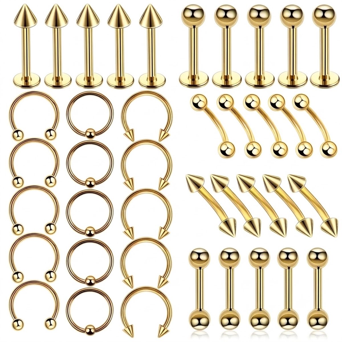 Goudkleurige helix piercing set unisex body piercing sieraden neusringen tongringen wenkbrauw piercings lip studs industrial barbell hoefijzer ringen kraakbeen oorbellen 40 stuks roestvrij staal